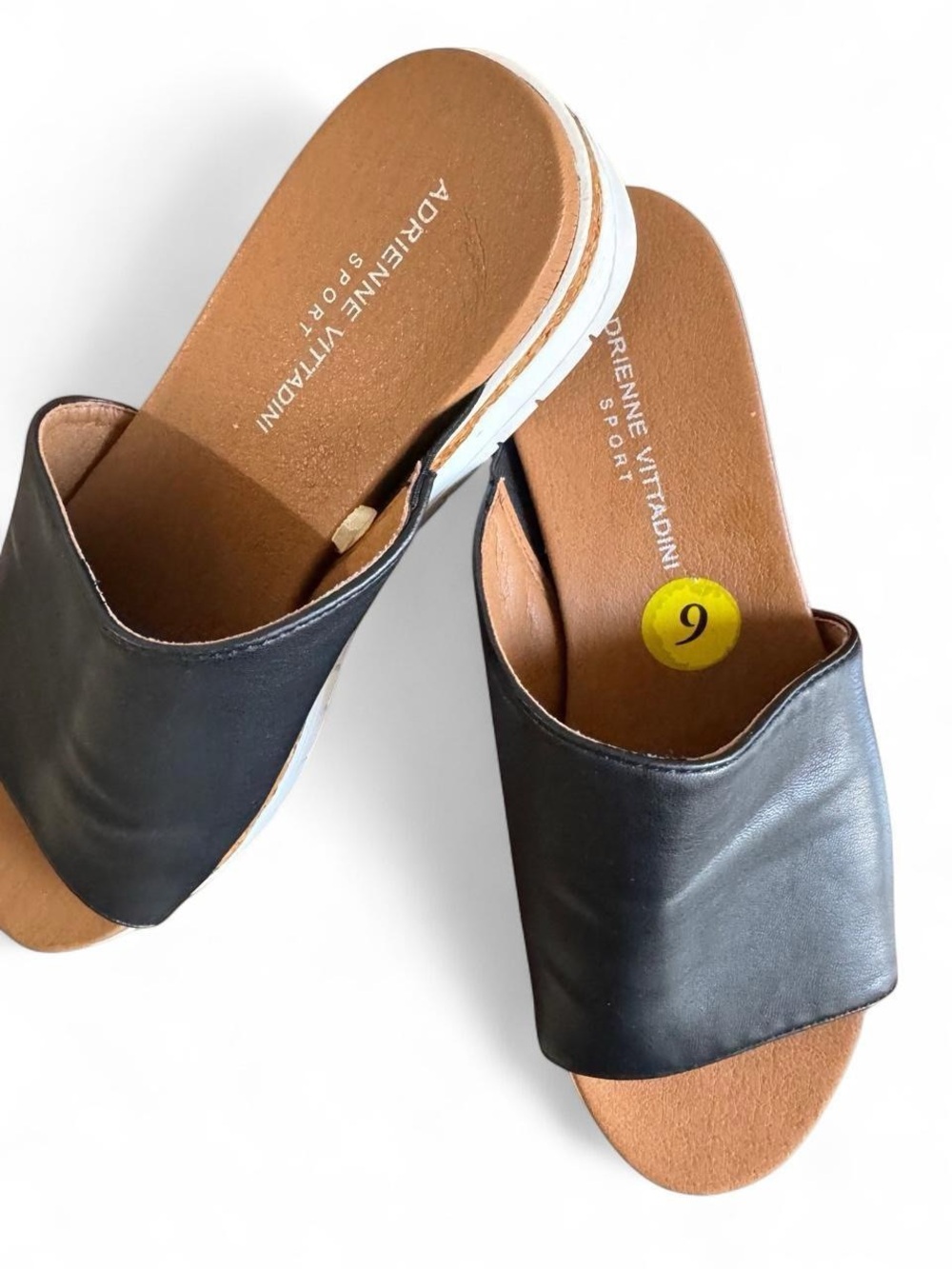 Adrienne Vittadini Black Leather Slide Mules with Tan Footbed